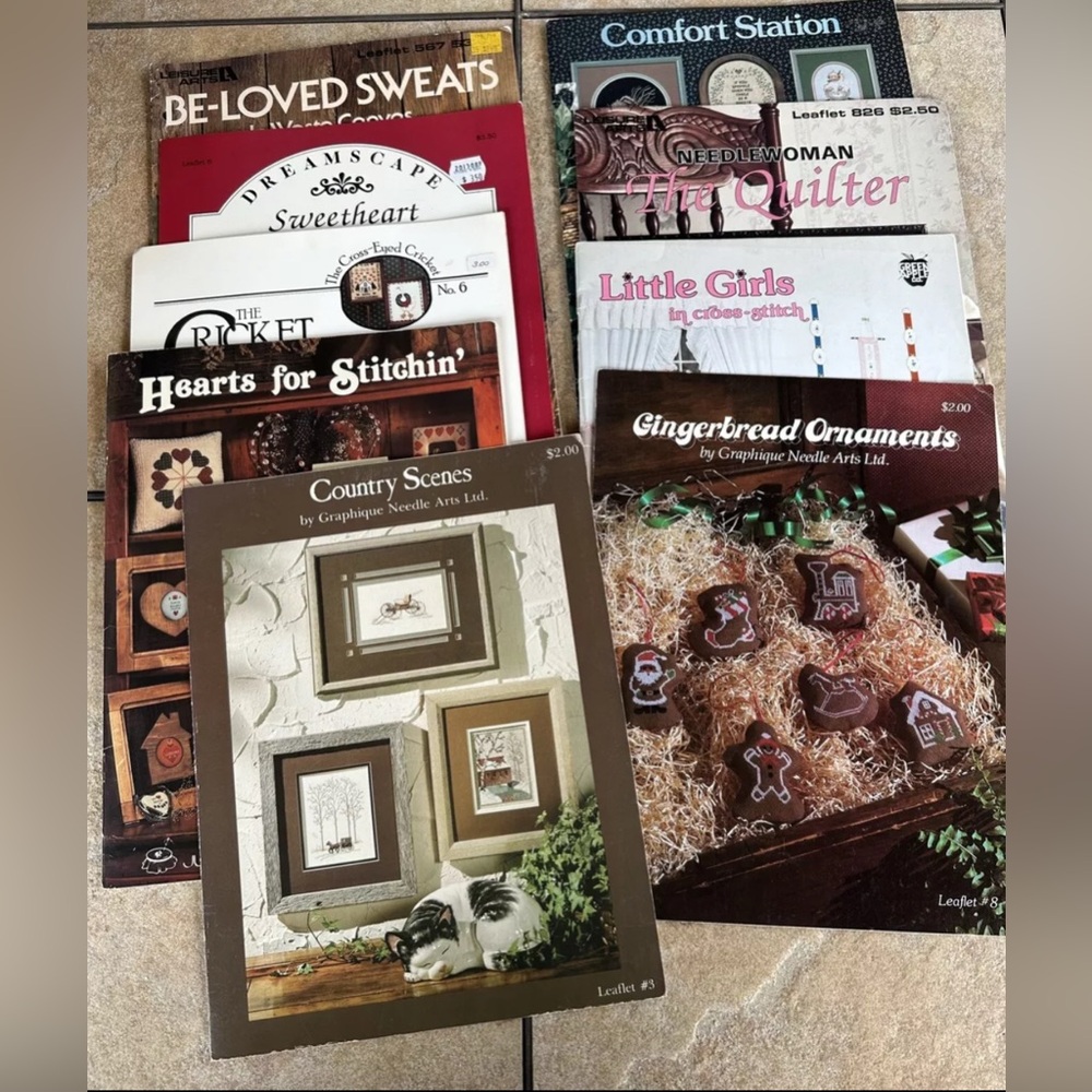 Lot of 9 Vintage Cross Stitch Patterns Booklets, 1970s 1980s